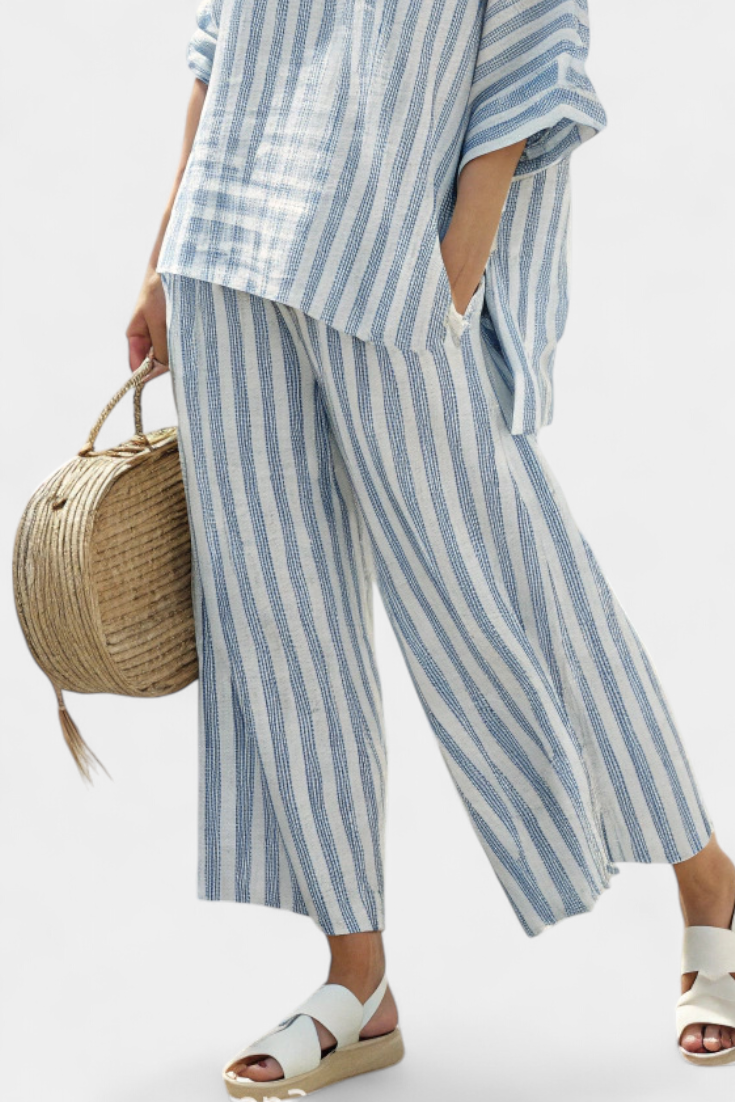 Marina | Conjunto de blusa casual de rayas para mujer y pantalones de pierna ancha