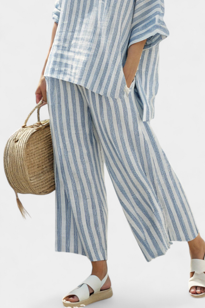 Marina | Conjunto de blusa casual de rayas para mujer y pantalones de pierna ancha