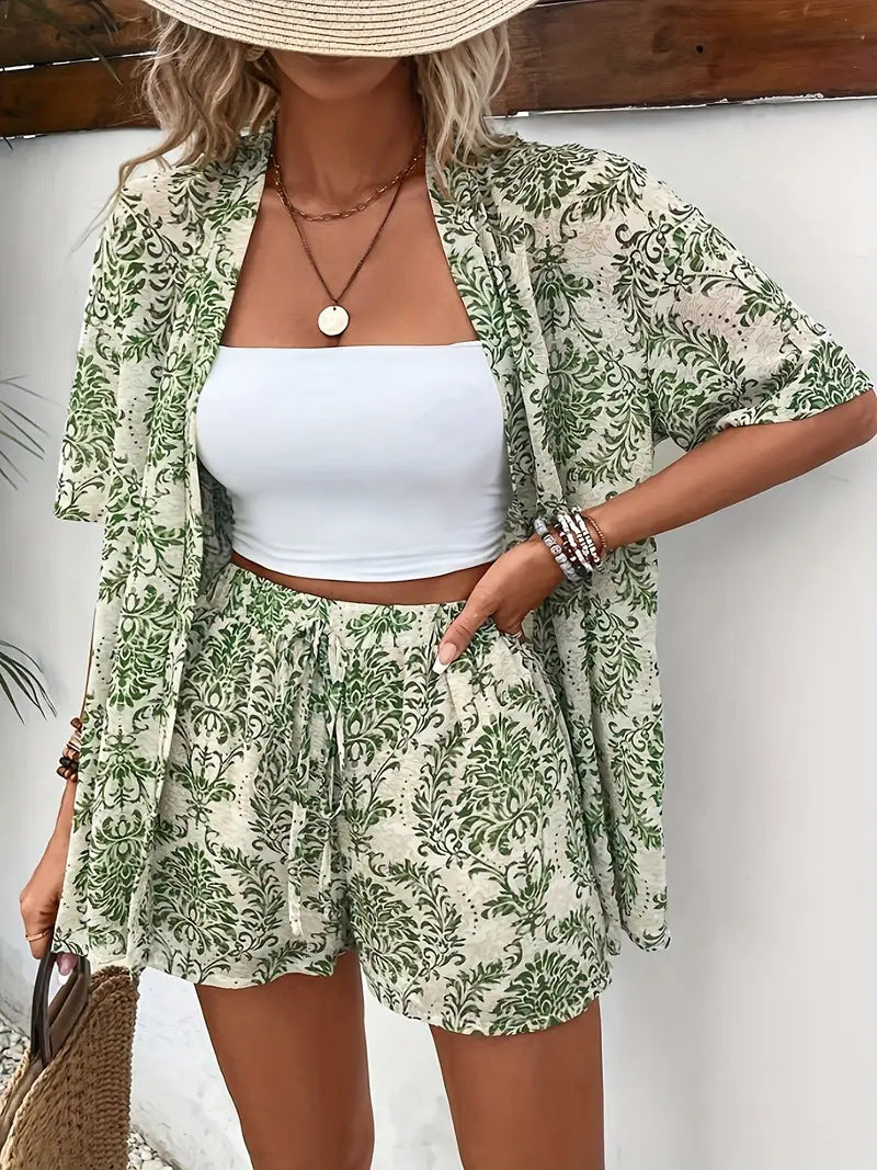 Clea | Conjunto de dos piezas para mujer: cárdigan kimono floral y shorts