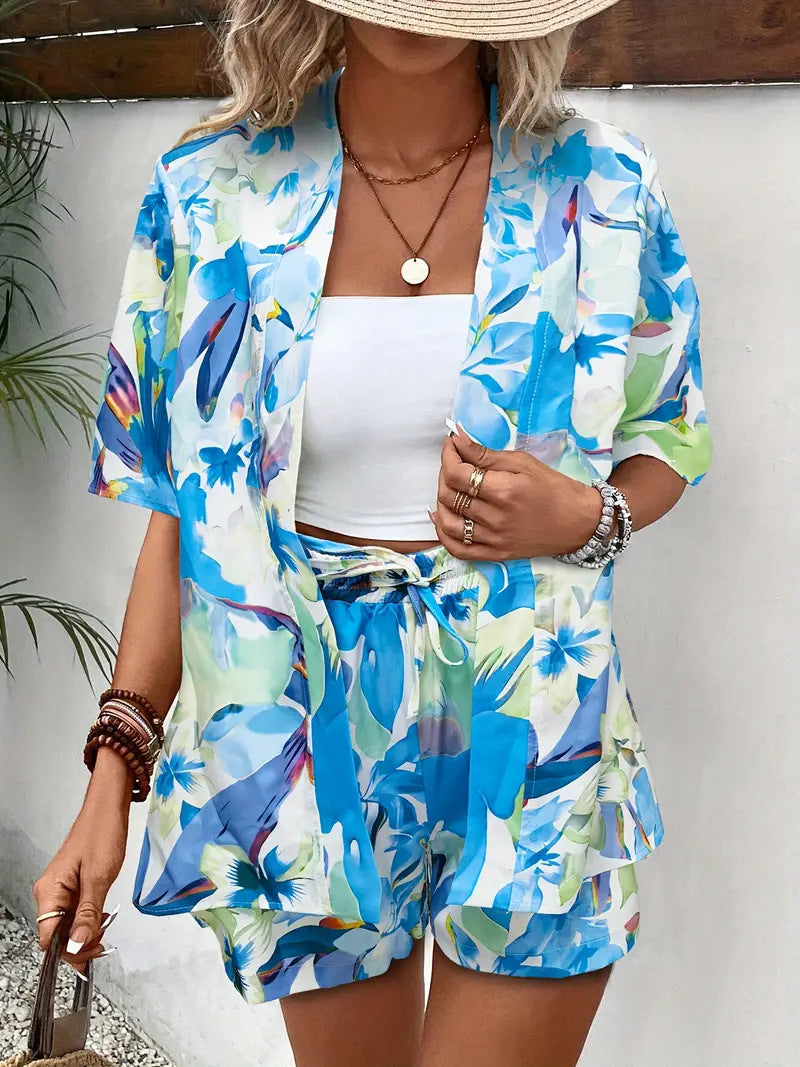 Clea | Conjunto de dos piezas para mujer: cárdigan kimono floral y shorts