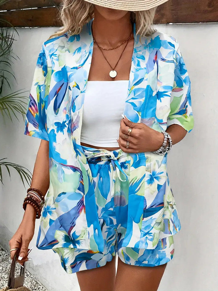 Clea | Conjunto de dos piezas para mujer: cárdigan kimono floral y shorts