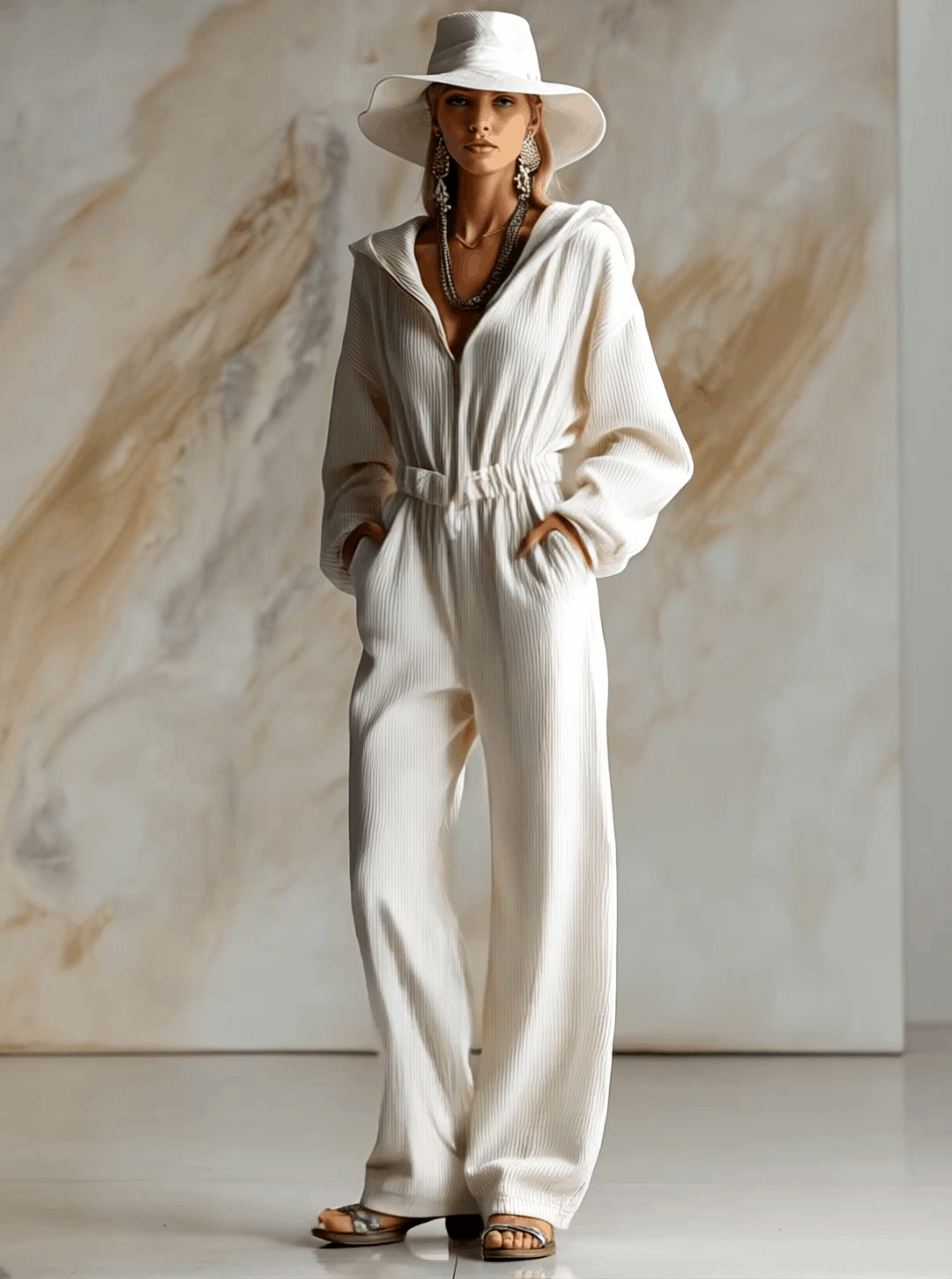 Mono casual holgado de pana blanca con capucha, cremallera frontal y manga larga, a la moda