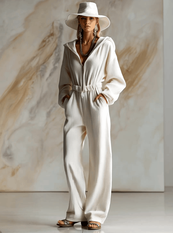 Mono casual holgado de pana blanca con capucha, cremallera frontal y manga larga, a la moda