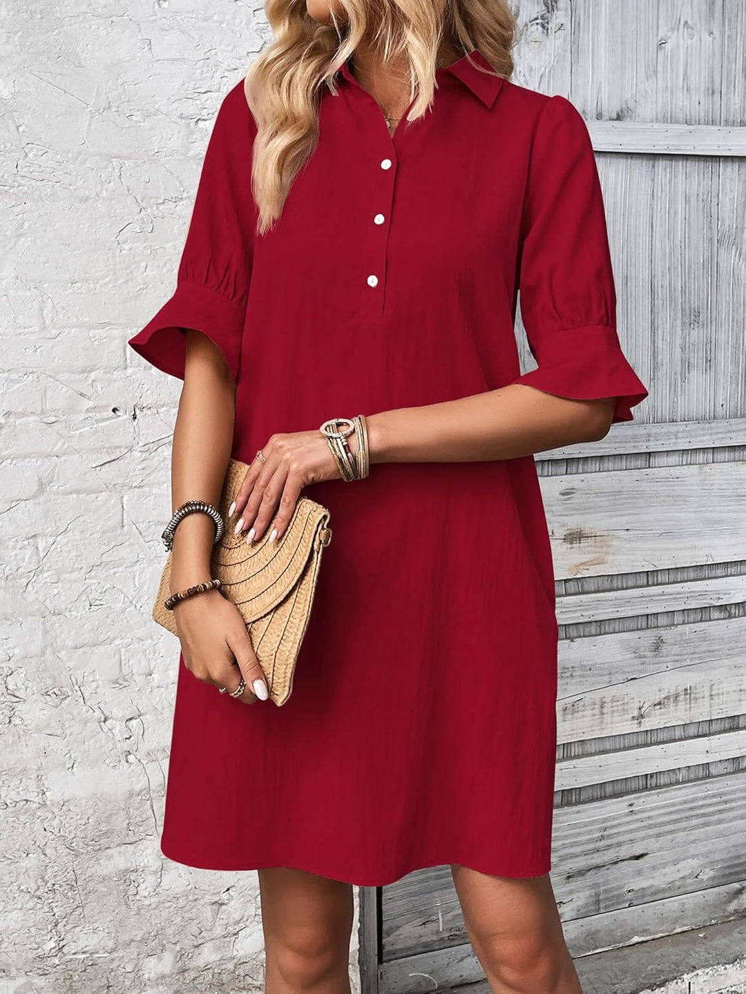 Harper | Vestido Camisa Feminino com Botões, Manga 3/4, Comprimento até o Joelho