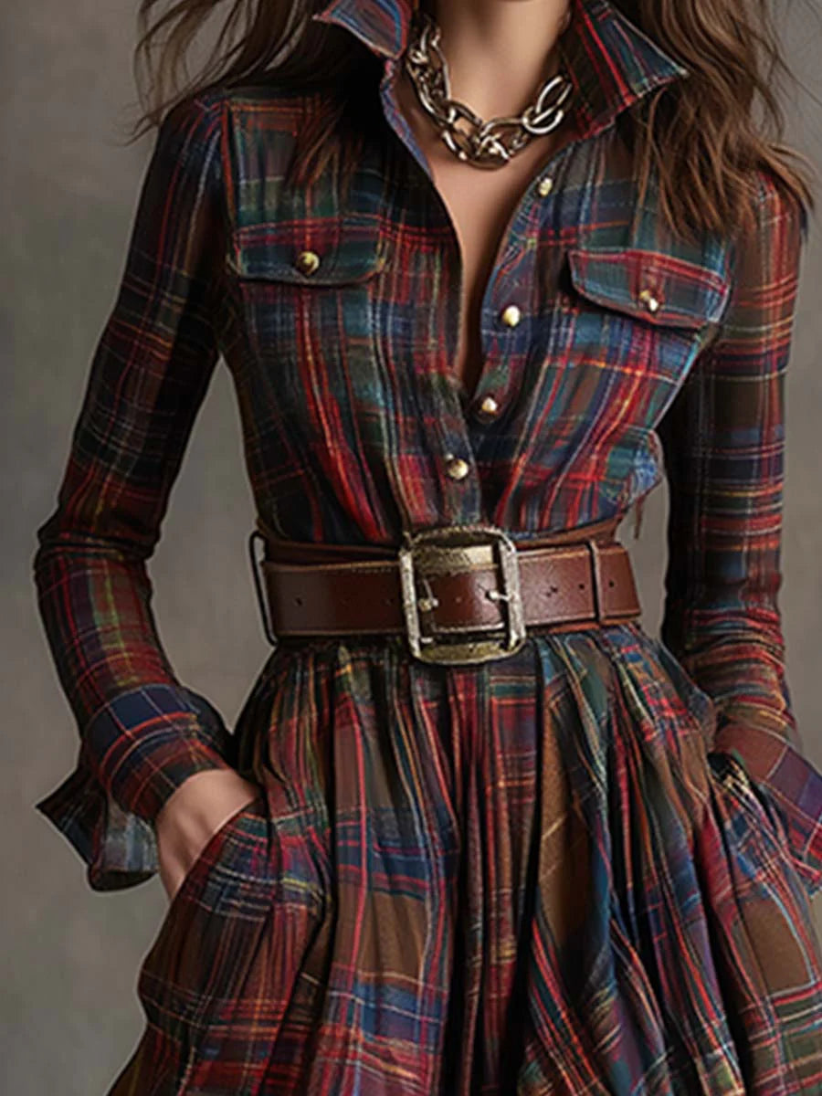 Plaid Maxi Shirt Dress Long Sleeve Belted Casual Dress