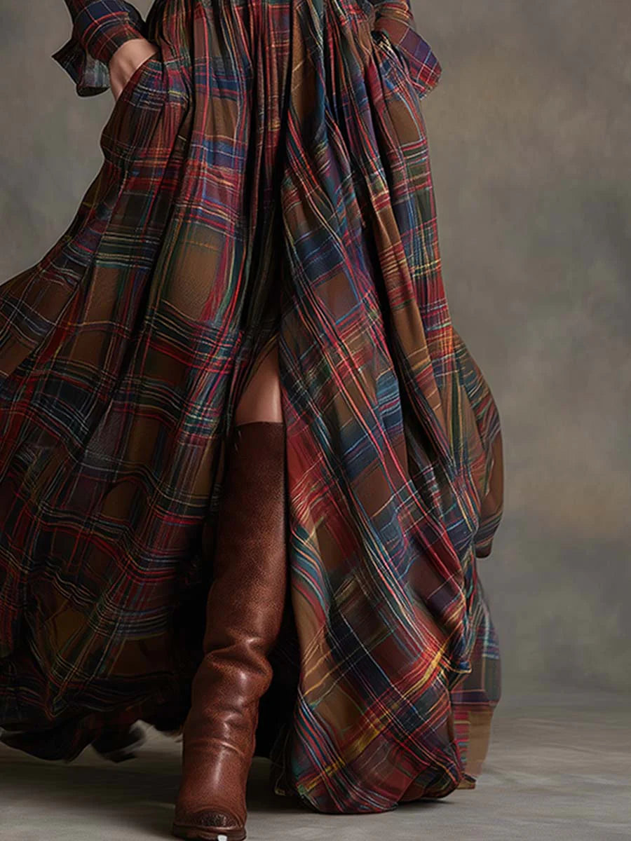 Plaid Maxi Shirt Dress Long Sleeve Belted Casual Dress