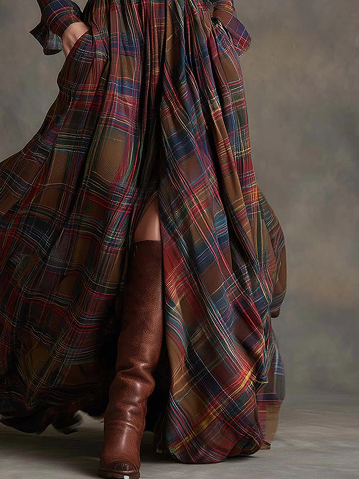 Plaid Maxi Shirt Dress Long Sleeve Belted Casual Dress