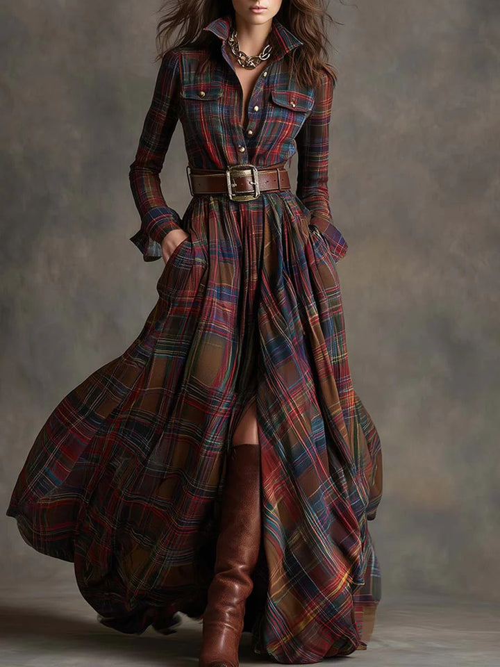 Plaid Maxi Shirt Dress Long Sleeve Belted Casual Dress