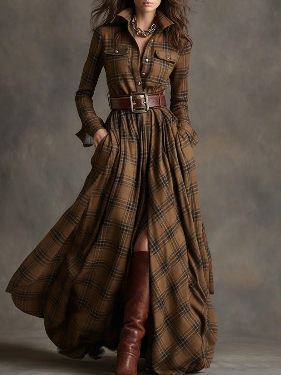 Plaid Maxi Shirt Dress Long Sleeve Belted Casual Dress
