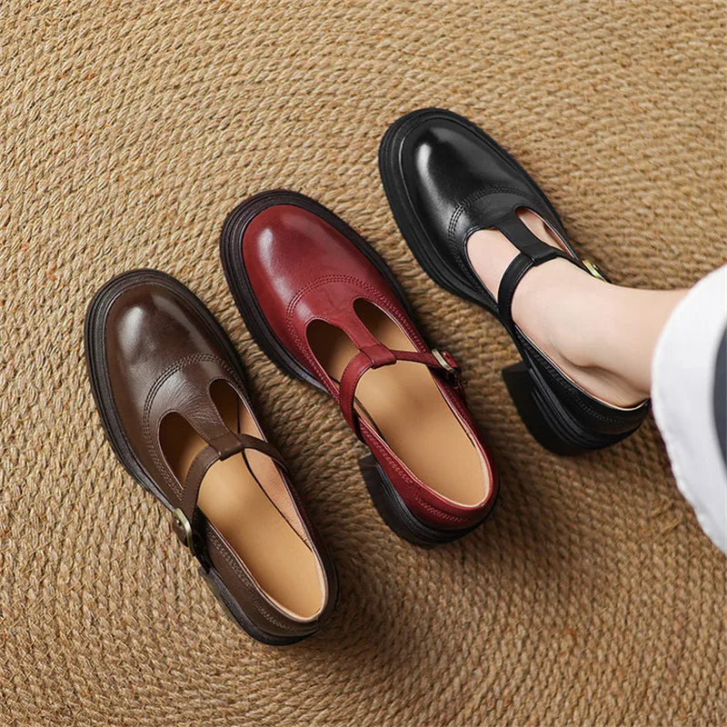 Rowena | Zapatos Mary Jane de tacón grueso para mujer, punta redonda con correa
