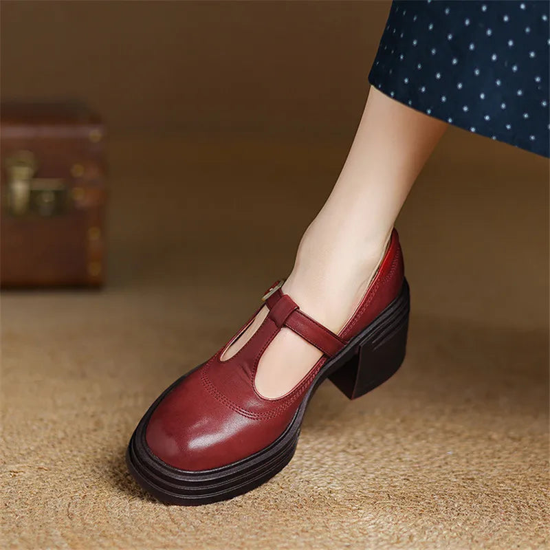 Rowena | Zapatos Mary Jane de tacón grueso para mujer, punta redonda con correa