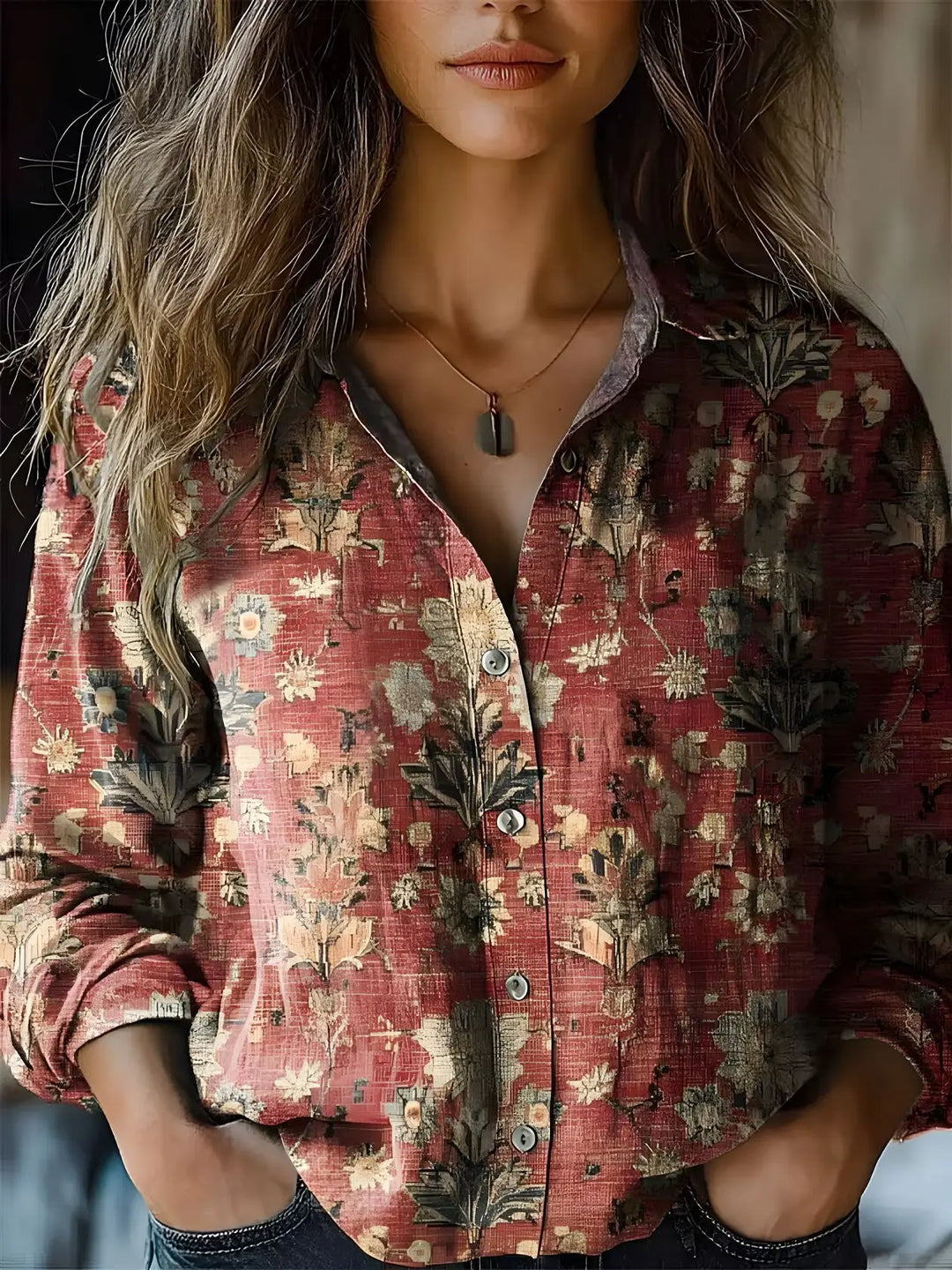 Autunno | Camicia da donna vintage a maniche lunghe con stampa floreale e bottoni