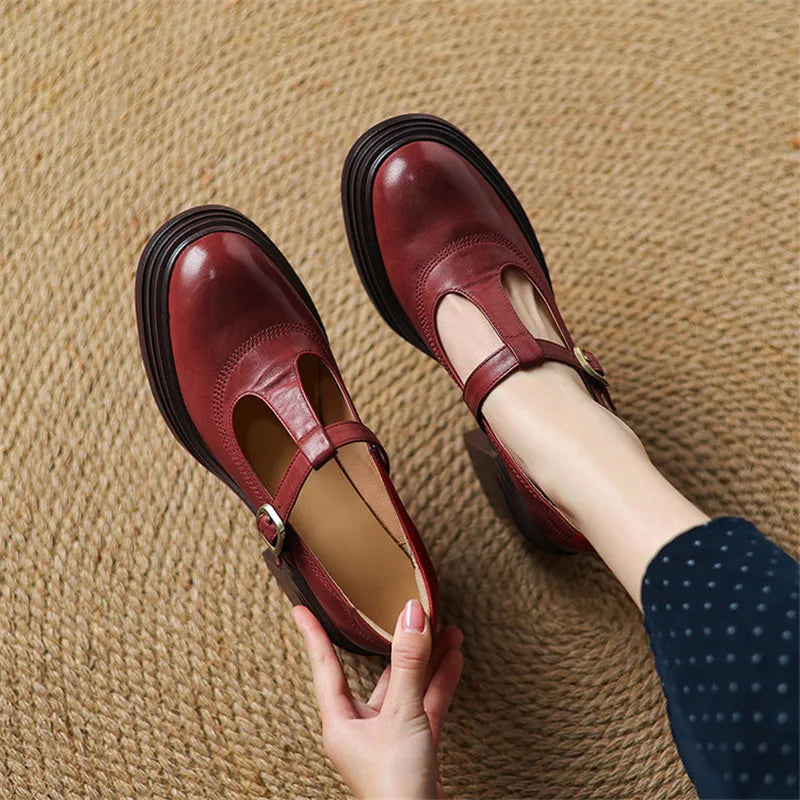 Rowena | Zapatos Mary Jane de tacón grueso para mujer, punta redonda con correa