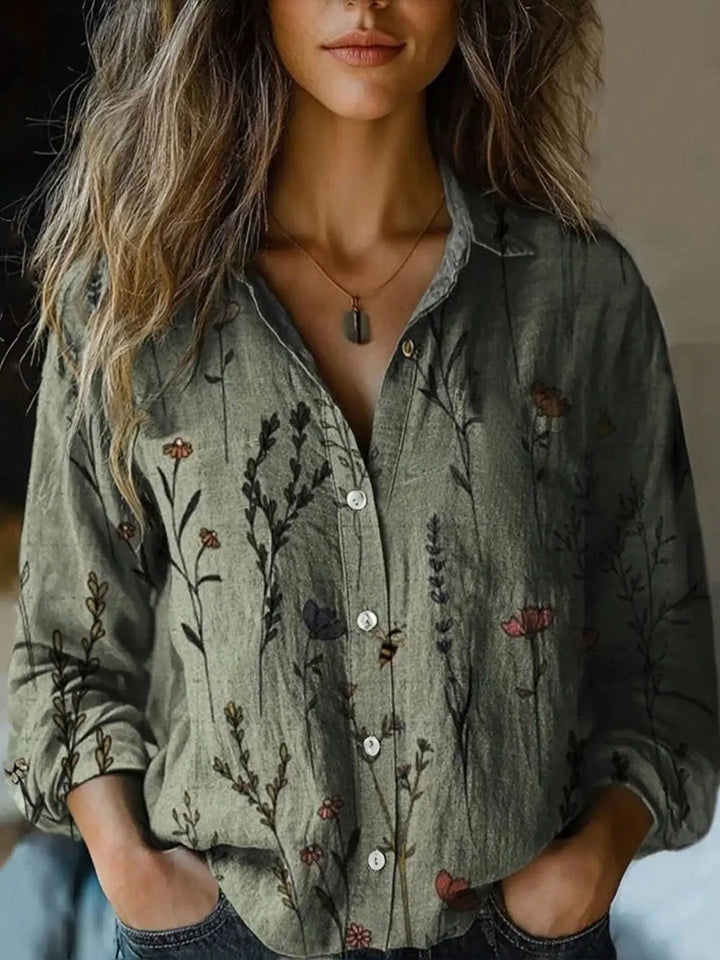 Autunno | Camicia da donna vintage a maniche lunghe con stampa floreale e bottoni