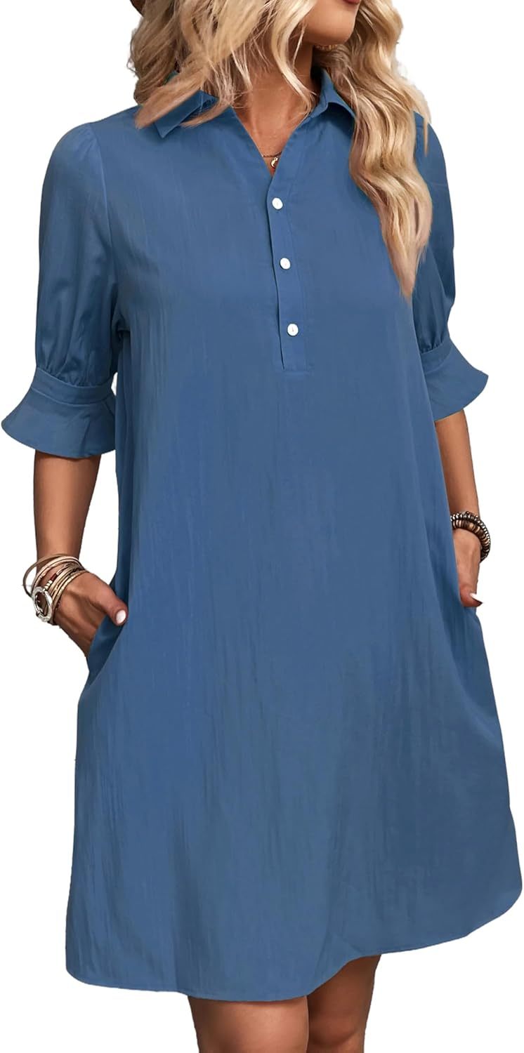 Harper | Vestido Camisa Feminino com Botões, Manga 3/4, Comprimento até o Joelho