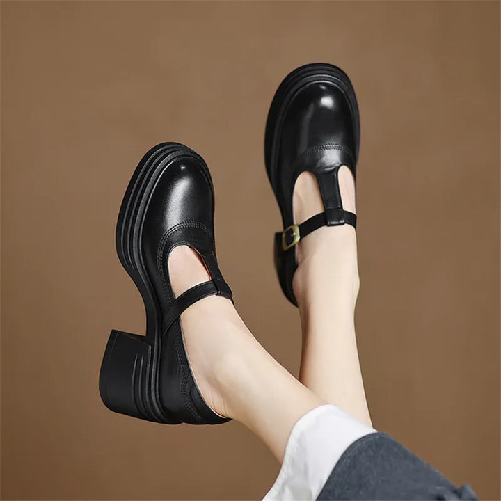 Rowena | Zapatos Mary Jane de tacón grueso para mujer, punta redonda con correa