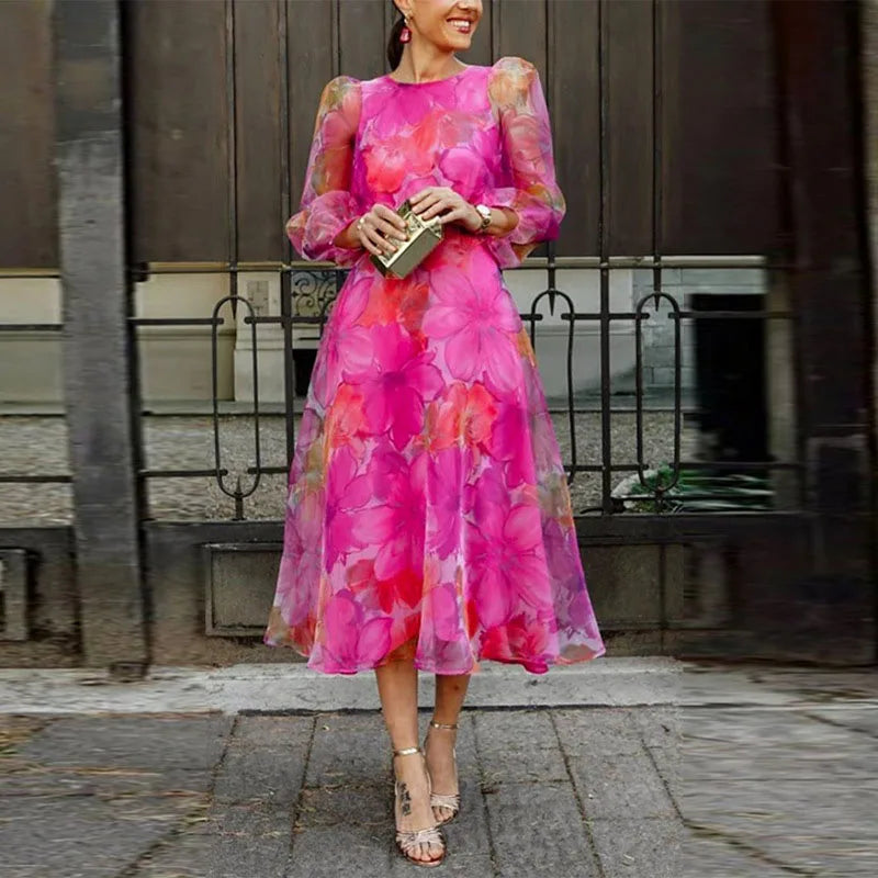 Rosalie | Abito midi in chiffon floreale da donna con maniche lunghe, perfetto per invitata a un matrimonio