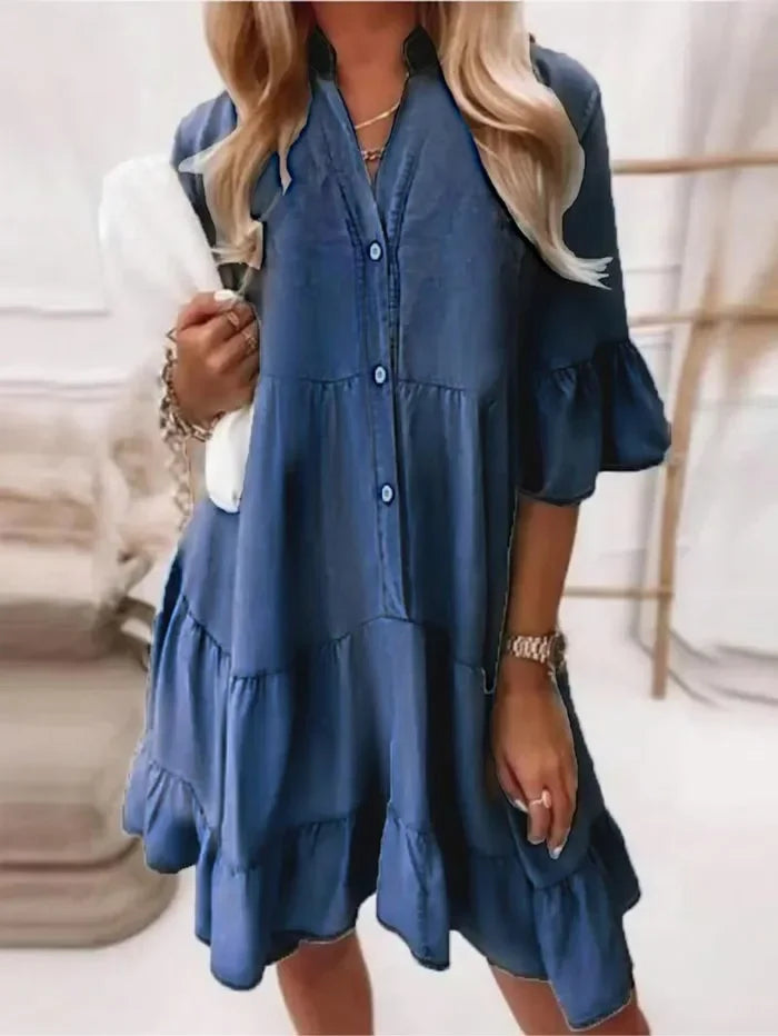 Billie | Vestido corto casual de mujer con volantes en capas y botones delanteros