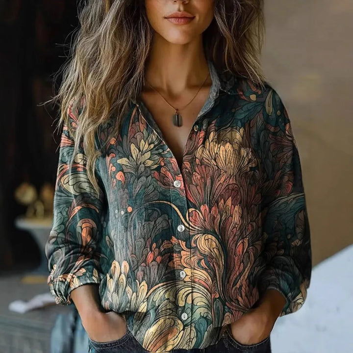 Autunno | Camicia da donna vintage a maniche lunghe con stampa floreale e bottoni
