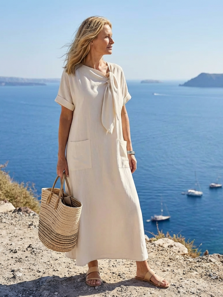 Elowyn | Vestido maxi con cuello redondo, manga corta y bolsillos