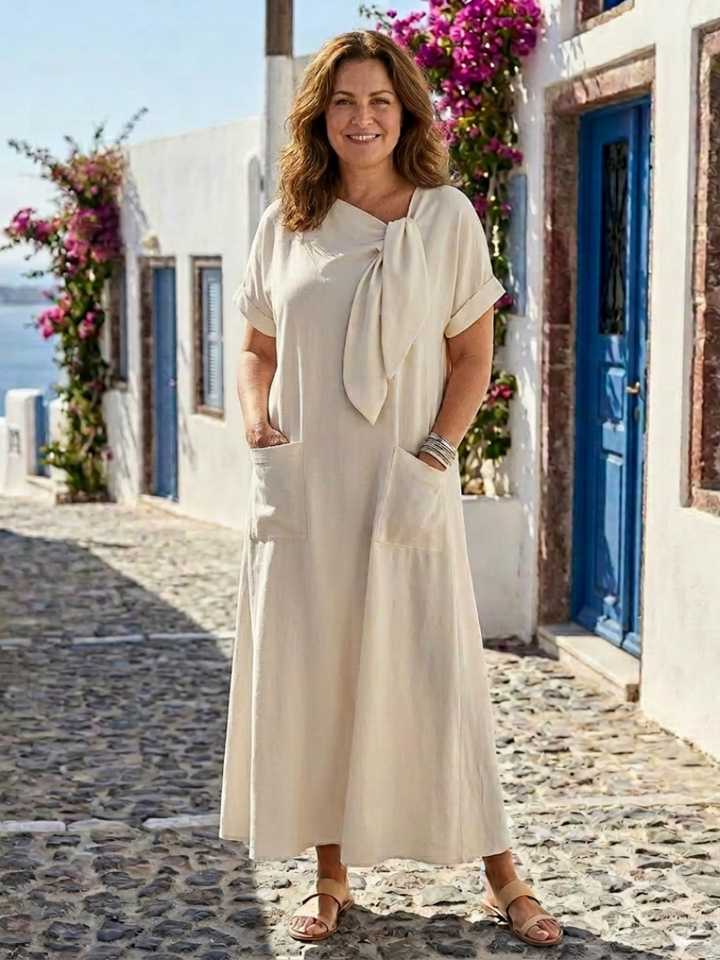 Elowyn | Vestido maxi con cuello redondo, manga corta y bolsillos