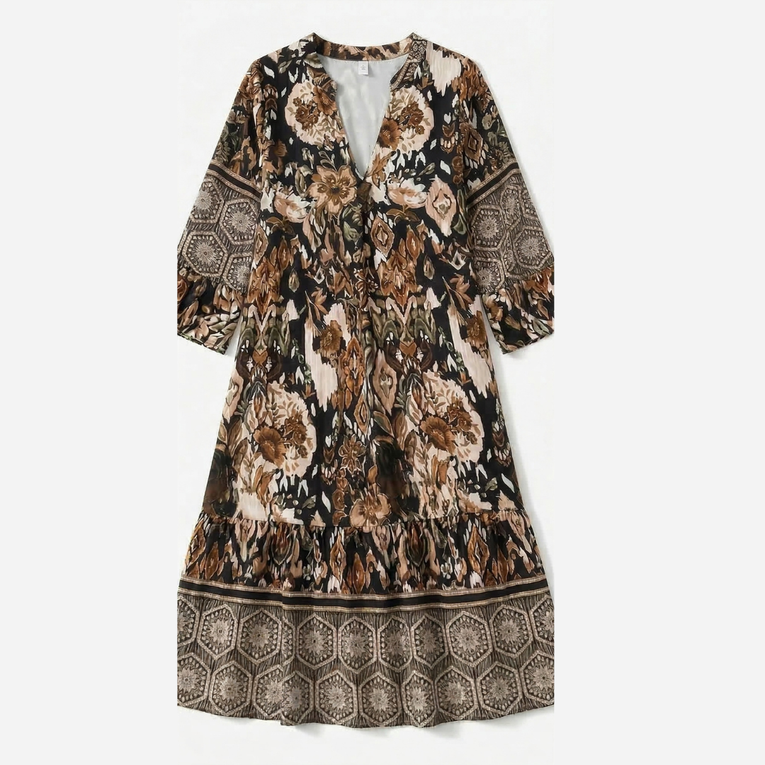 V Neck Printed Dress With Long Sleeves For Women