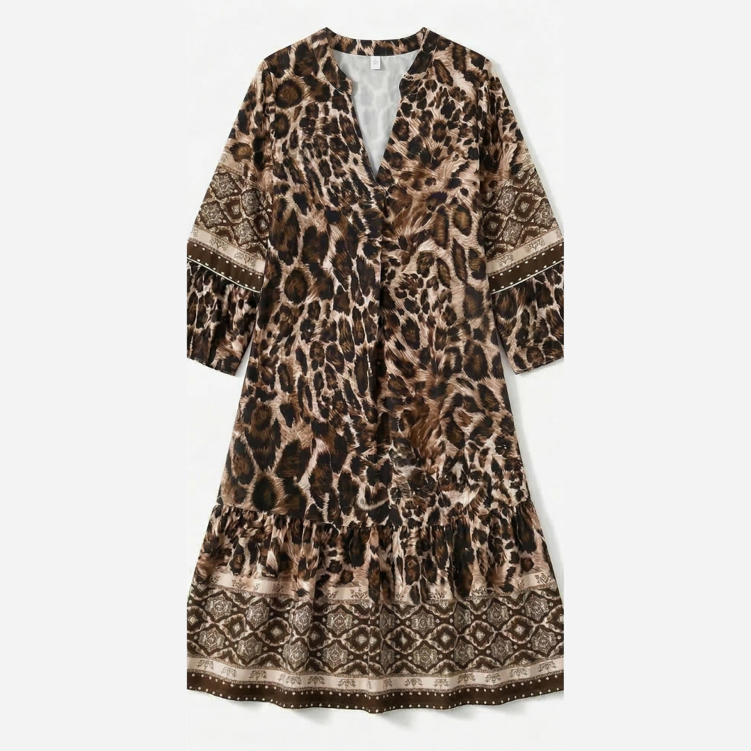 V Neck Printed Dress With Long Sleeves For Women