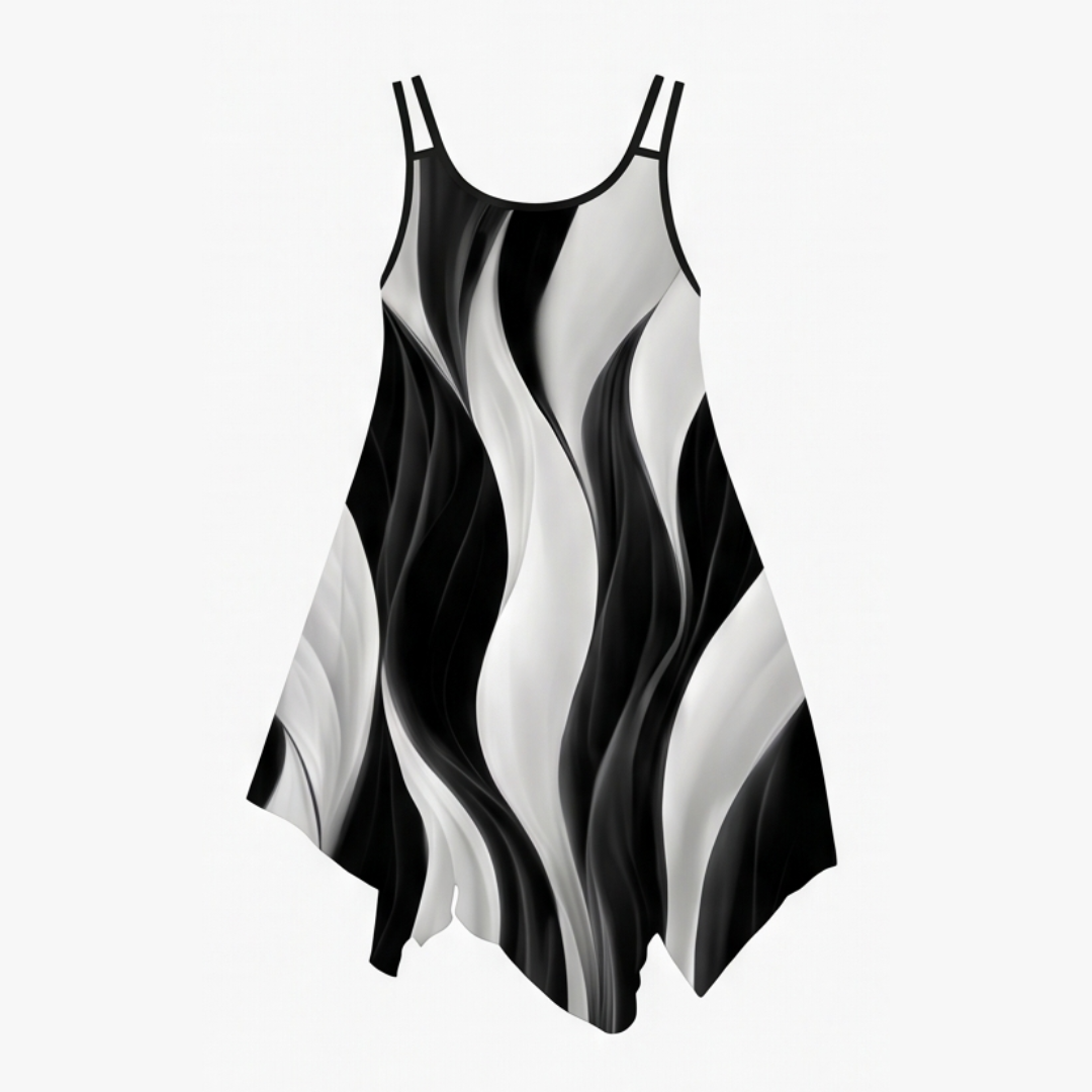 Asymmetric Midi Dress with Swirl Print for Summer Events