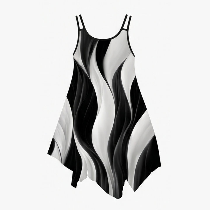 Asymmetric Midi Dress with Swirl Print for Summer Events