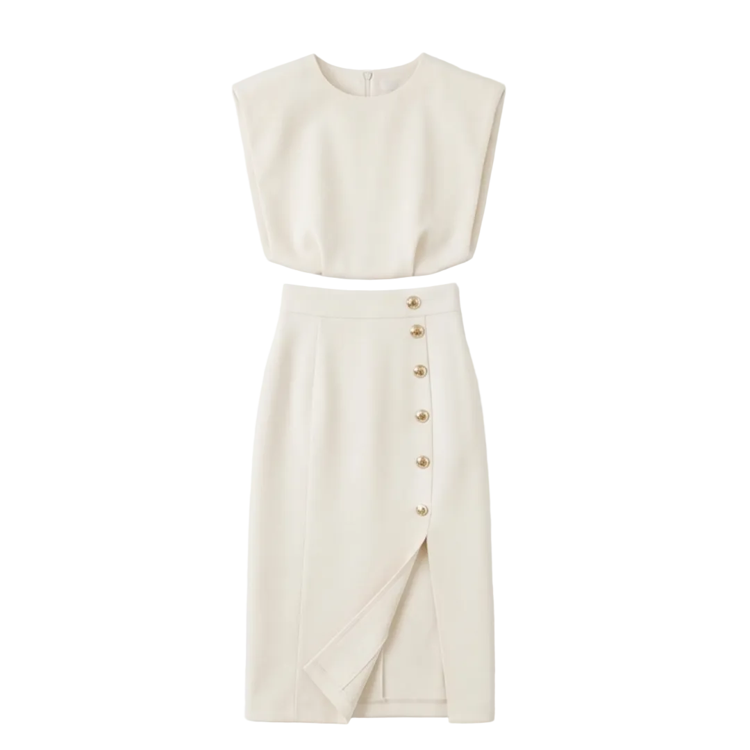Velora™ Gold-Button Slit Midi Dress for Work and Evening