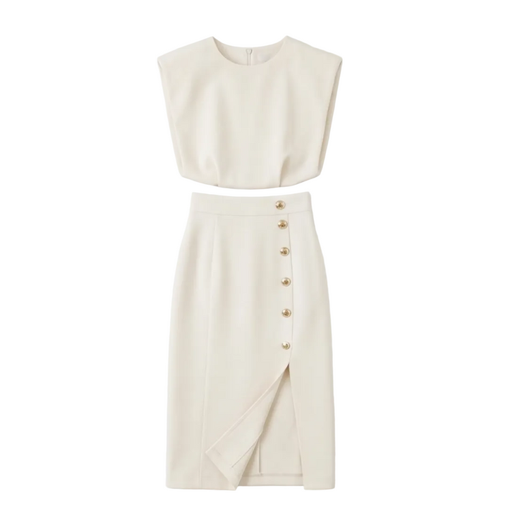 Velora™ Gold-Button Slit Midi Dress for Work and Evening