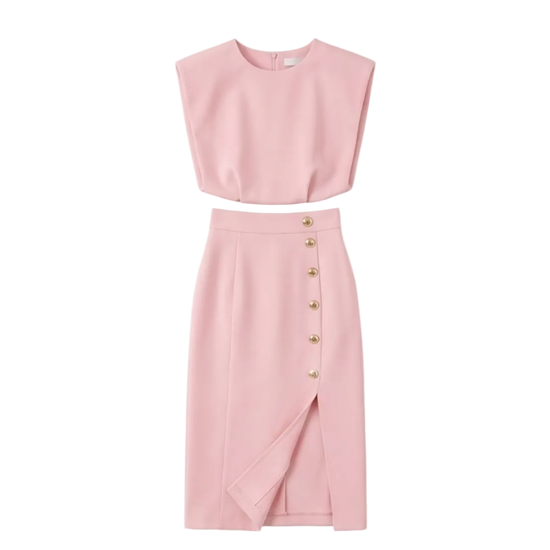 Velora™ Gold-Button Slit Midi Dress for Work and Evening
