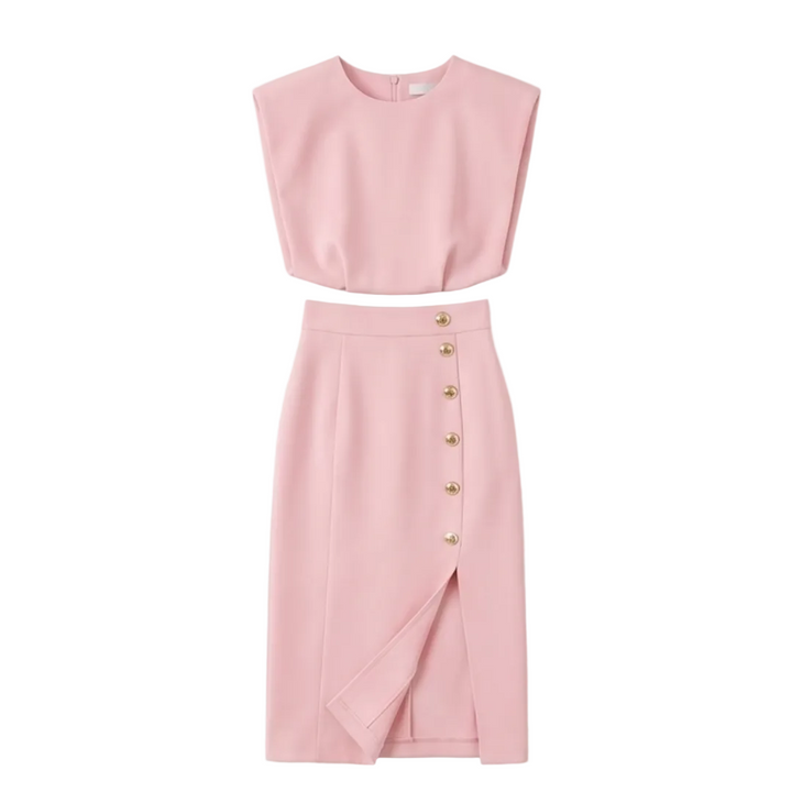 Velora™ Gold-Button Slit Midi Dress for Work and Evening