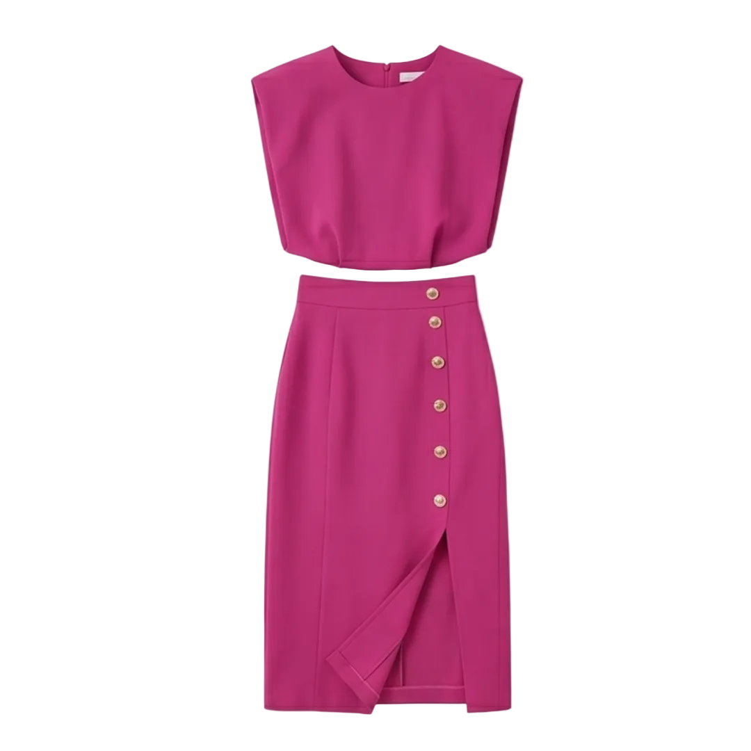 Velora™ Gold-Button Slit Midi Dress for Work and Evening