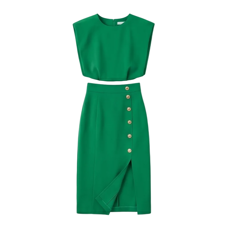 Velora™ Gold-Button Slit Midi Dress for Work and Evening