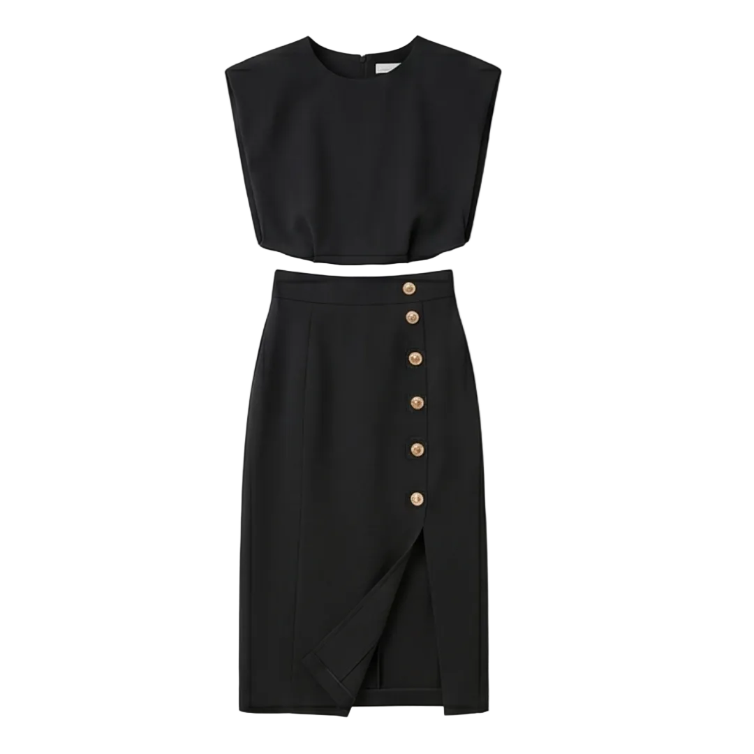Velora™ Gold-Button Slit Midi Dress for Work and Evening