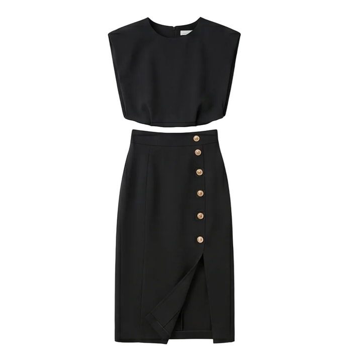 Velora™ Gold-Button Slit Midi Dress for Work and Evening