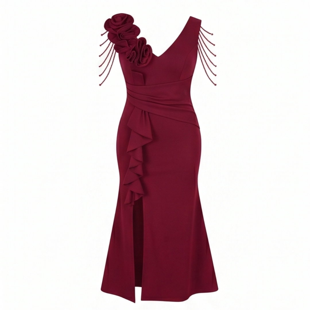 Mermaid Evening Gown with Rosette Shoulder and High Slit