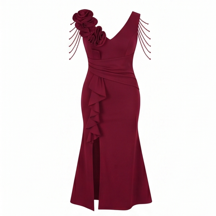 Mermaid Evening Gown with Rosette Shoulder and High Slit