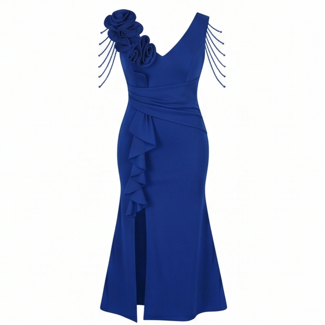 Mermaid Evening Gown with Rosette Shoulder and High Slit