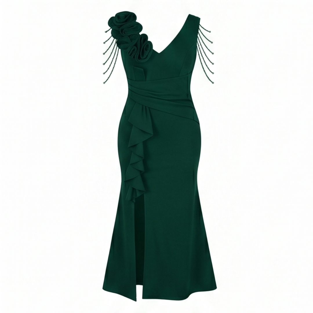 Mermaid Evening Gown with Rosette Shoulder and High Slit
