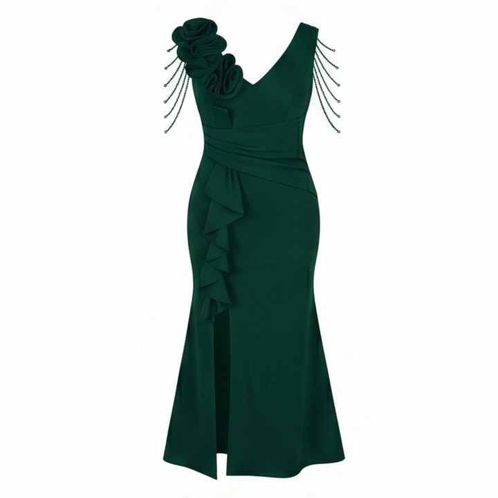 Mermaid Evening Gown with Rosette Shoulder and High Slit