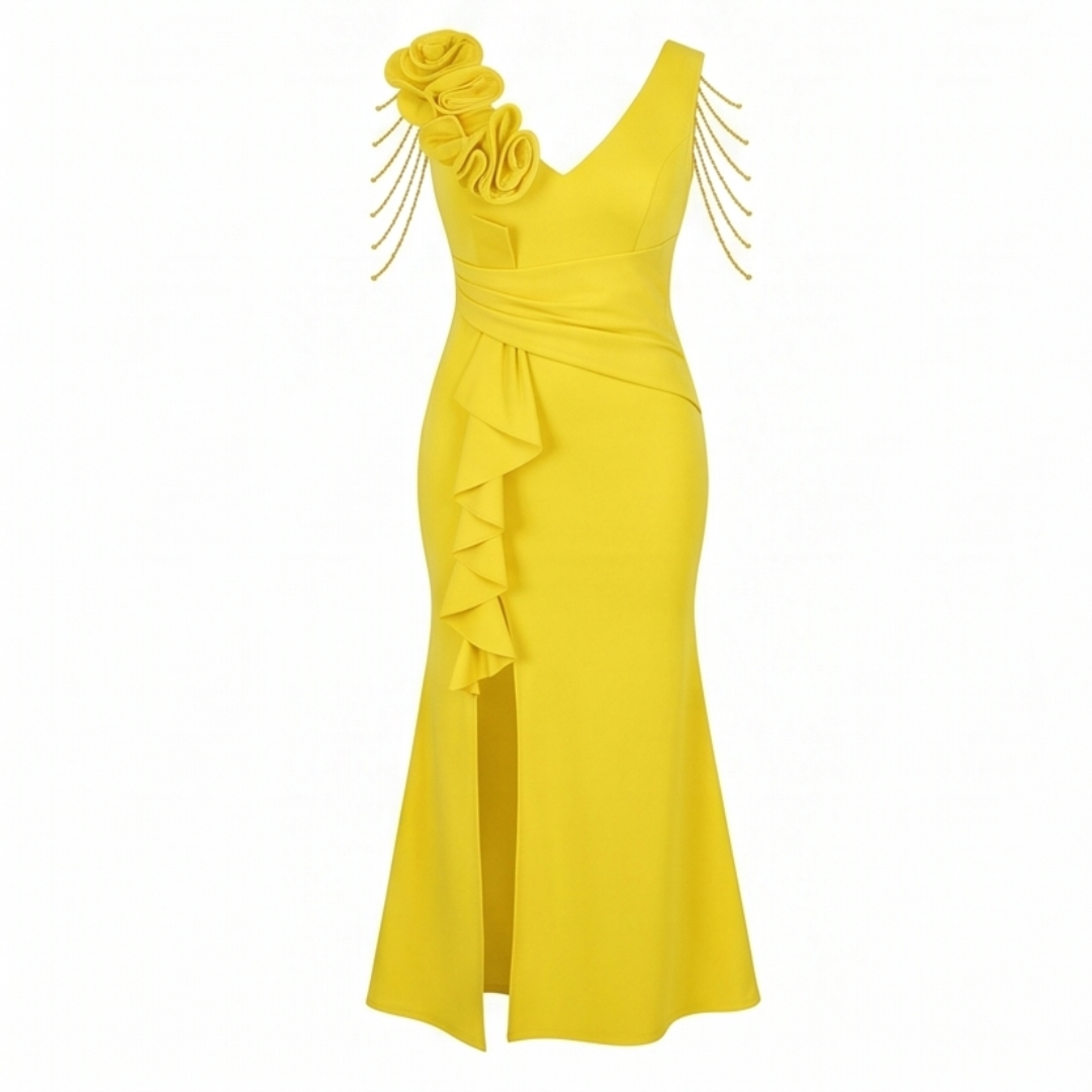 Mermaid Evening Gown with Rosette Shoulder and High Slit