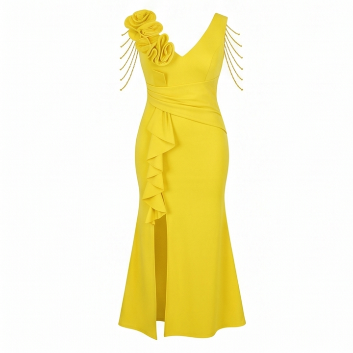 Mermaid Evening Gown with Rosette Shoulder and High Slit