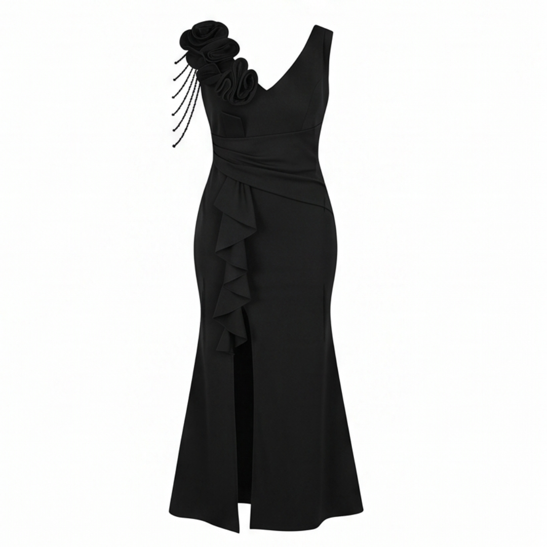 Mermaid Evening Gown with Rosette Shoulder and High Slit