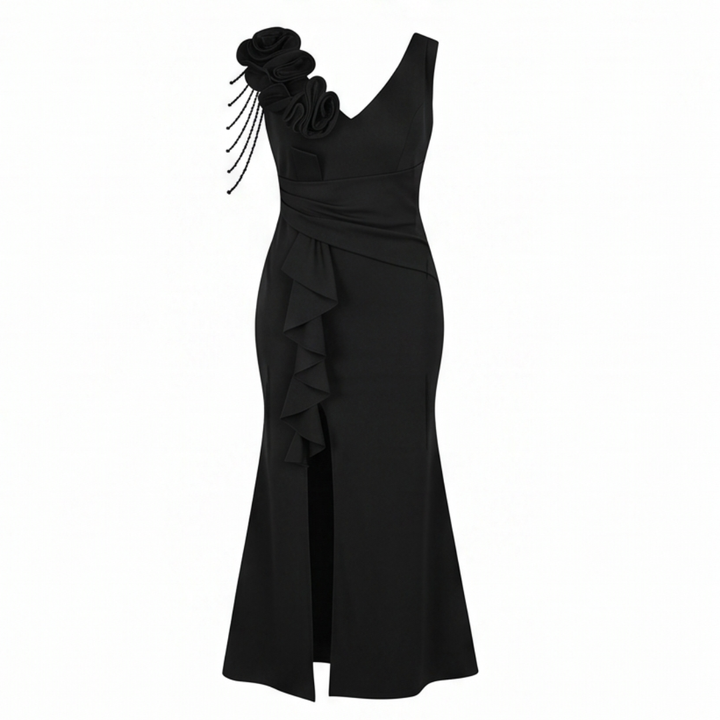 Mermaid Evening Gown with Rosette Shoulder and High Slit