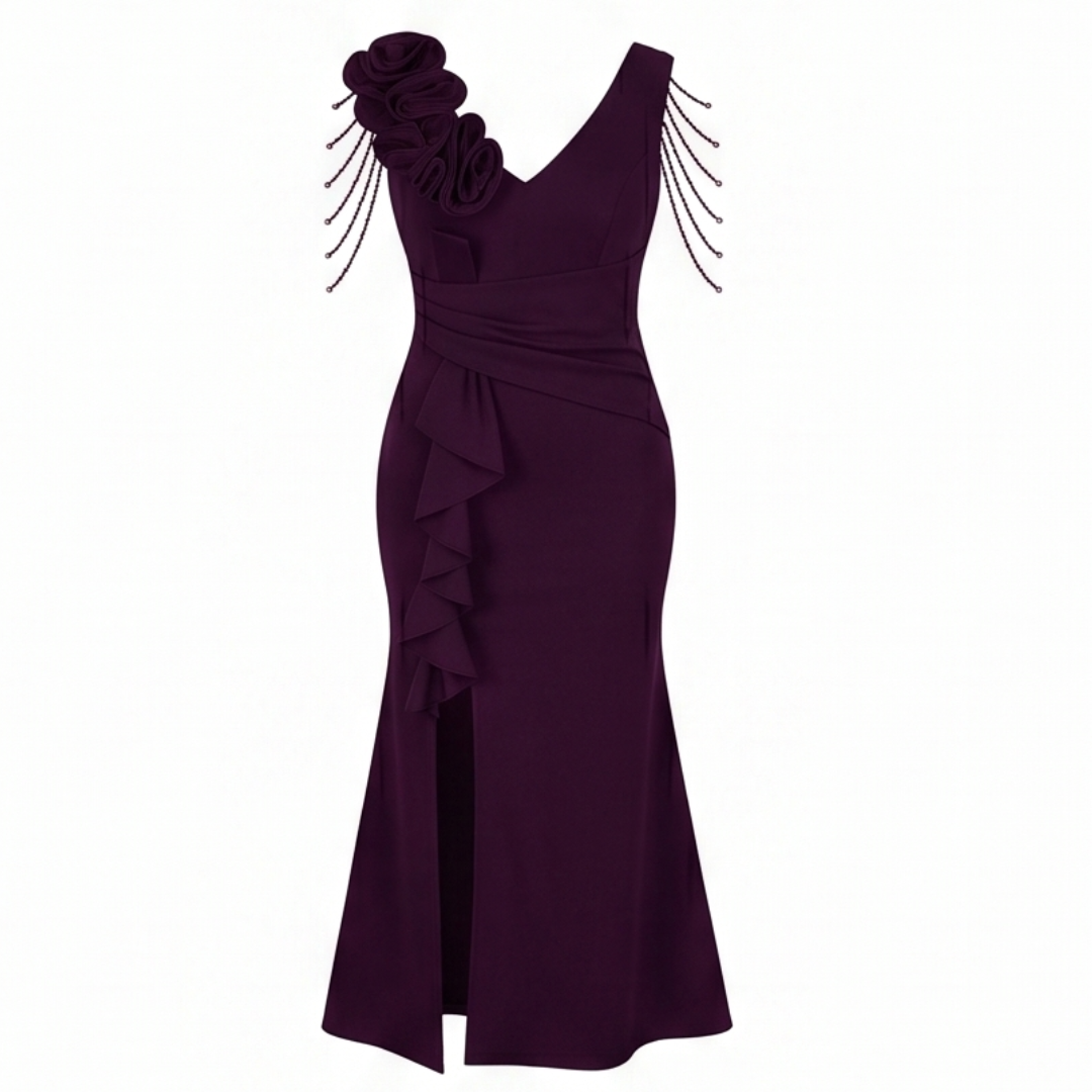 Mermaid Evening Gown with Rosette Shoulder and High Slit