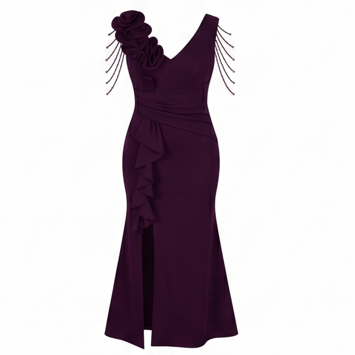 Mermaid Evening Gown with Rosette Shoulder and High Slit