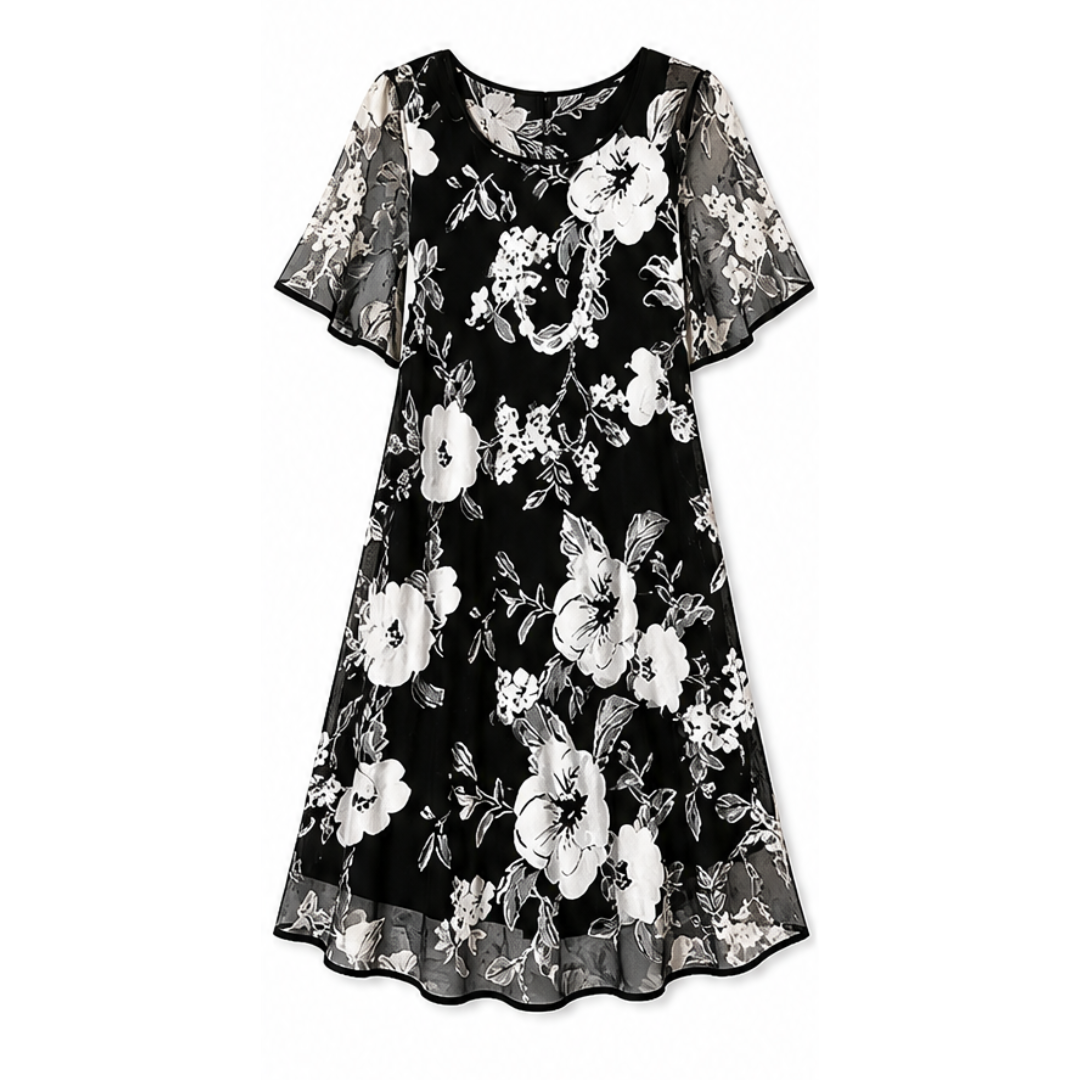 Floral Chiffon Dress with Sheer Overlay and Flutter Sleeves