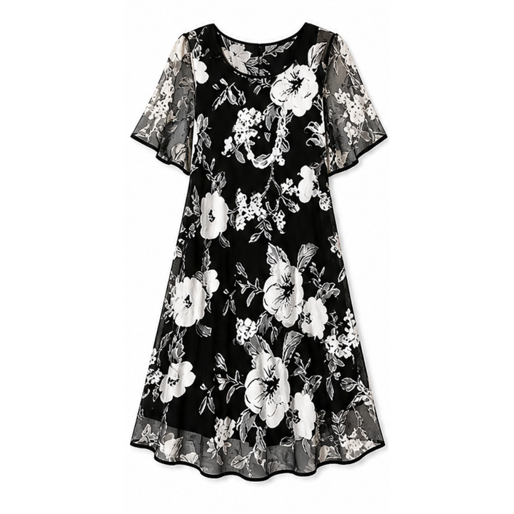 Floral Chiffon Dress with Sheer Overlay and Flutter Sleeves